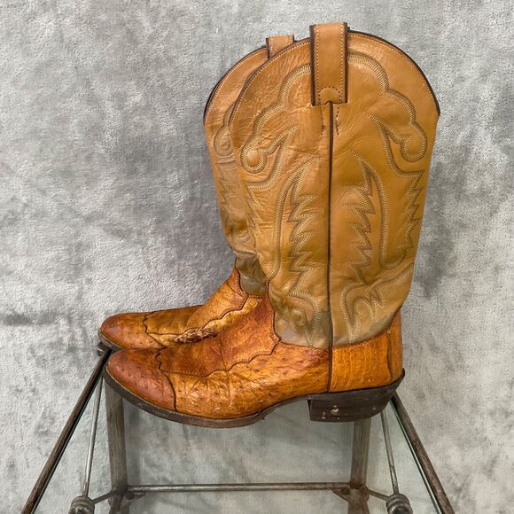 Vintage Justin Ostrich Cowboy Boots Mens 10.5 D Two tone tan full quill * - Picture 1 of 16